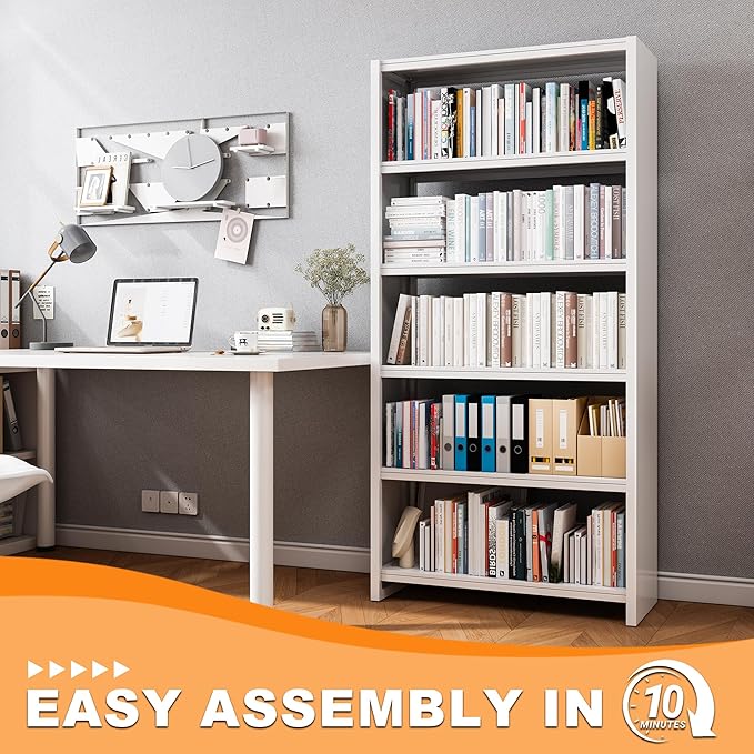 69.3" H Home Office Bookcase Shelf Storage,5 Tier Bookcase with Open Display Shelves,Industrial Wide Bookshelf with Metal Frame for Home Office, Living Room, Bed Room (34.1" W)-Ruum Studio Home