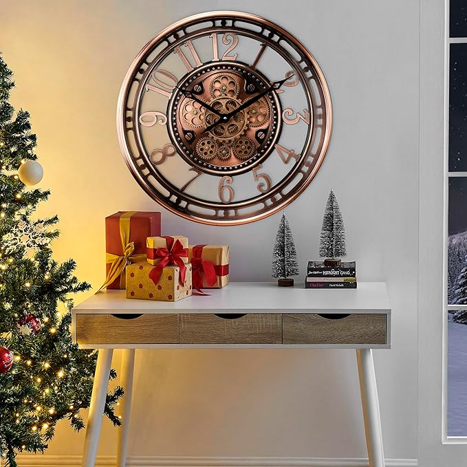 CLXEAST 21 Inch Moving Gear Wall Clock for Modern Farmhouse Living Room Decor,Large Industrial Steampunk Wall Clock for Home Office,Metal Copper Finished,House Warming Gifts New Home-Ruum Studio Home