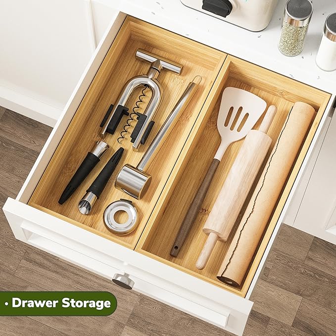 BAMEOS Deep Utensil Drawer Organizer, Bamboo Silverware Organizer for Kitchen Drawer Storage Flatware Junk Cutlery Jewelry 14"x 6.8" Set of 2 (Natural)-Ruum Studio Home