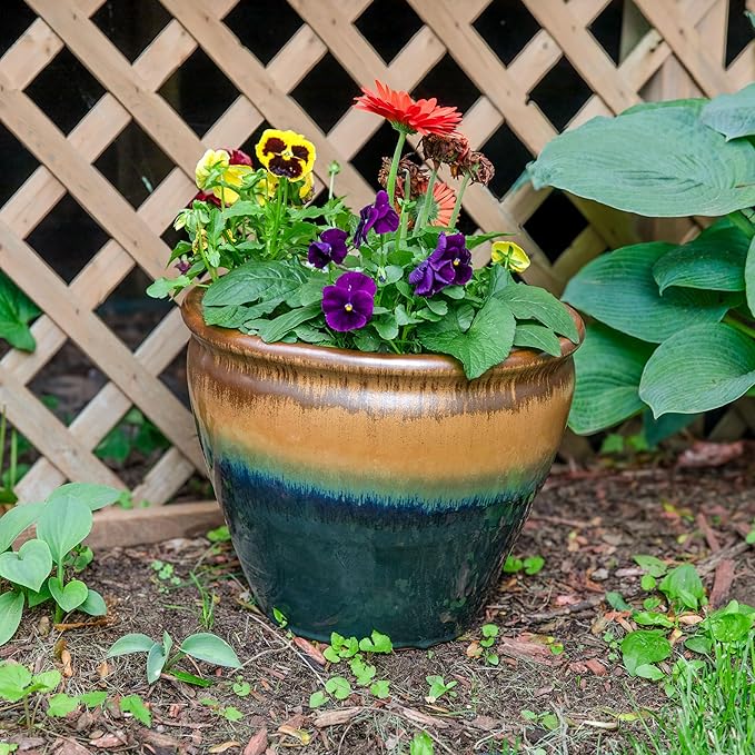 Sunnydaze Chalet Large Ceramic Plant Pot - Round Outdoor Glazed Ceramic Planter Pot with Drainage - Forest Lake Green - 14.5"-Ruum Studio Home