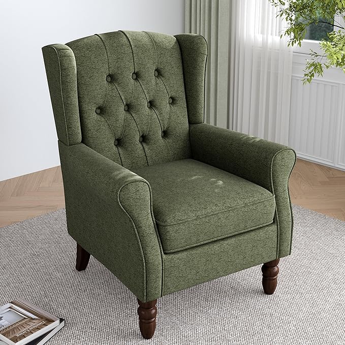 Lumibee High Back Accent Chair,Upholstered Wingback Armchair with Solid Wood Legs for Small Spaces,Comfy Single Sofa Chair for Living Room,Bedroom,Office-Green-Ruum Studio Home