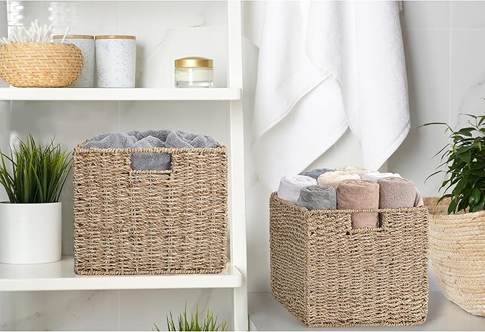 12x12x10in Seagrass Storage Baskets Set of 2, Large Wicker Storage Basket, Decorative Seagrass Shelf Basket, Pantry Baskets Organization,Folding Storage Cube Bins-Ruum Studio Home