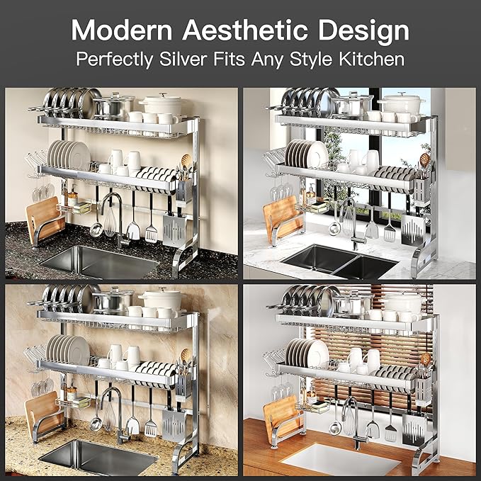 3 Tier Extra Large Stainless Steel Expandable Over The Sink Dish Drainer Drying Rack, Rust Proof Metal, Space Saving, Modern Silver Big Capacity Extendable Plate Strainers Above Kitchen Counter-Ruum Studio Home