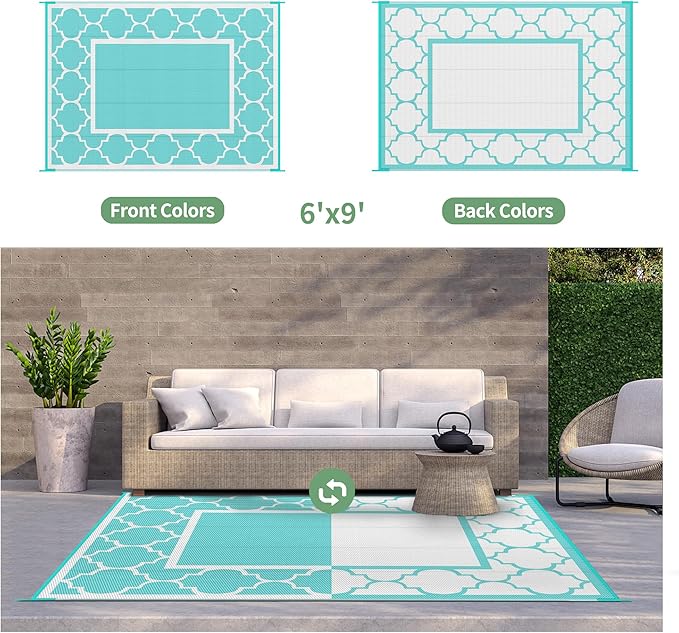 GENIMO 6' x 9' Outdoor Rug Waterproof for Patio Decor, Reversible Plastic Straw Area Mats Carpet for Camper Clearance, Outside Carpet for Rv, Deck, Porch, Beach, Balcony, Aqua Blue & White-Ruum Studio Home