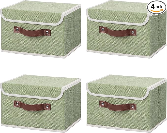 ANMINY 4PCS Storage Bins with Lid PU Leather Handles Storage Boxes PP Plastic Board Decorative Foldable Lidded Cotton Linen Fabric Home Cubes Baskets Closet Organizer Containers - Green, Small Size-Ruum Studio Home