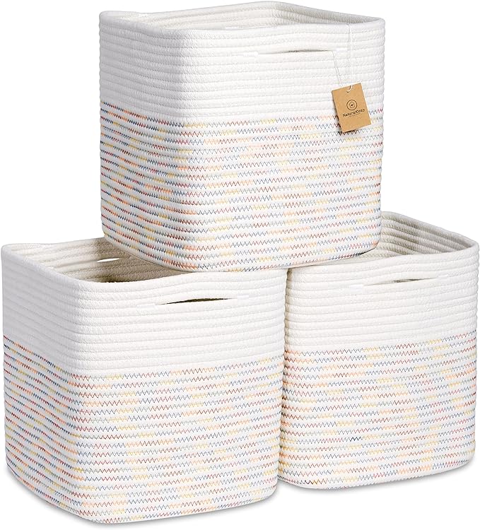 NaturalCozy Storage Cubes 11 Inch Cotton Rope Woven Baskets for Organizing, 3-Pack | Cube Storage Bin | Square Storage Baskets for Shelves Organizer, Classroom, Kids Toy Bins, Closet, Baby Nursery-Ruum Studio Home
