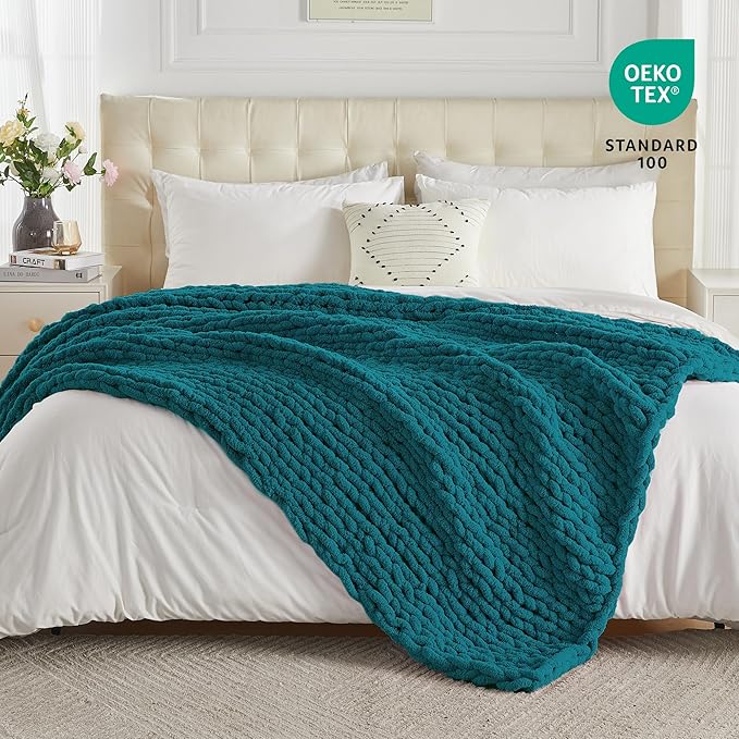 Carriediosa Chunky Knit Throw Blanket 60" X 80" Twin, 100% Hand Made Large Chenille Loop Yarn Soft Fluffy Throws for Couch Sofa Bed, Big Crochet Cozy Heavy Thick Cable Woven Blankets, Teal-Ruum Studio Home