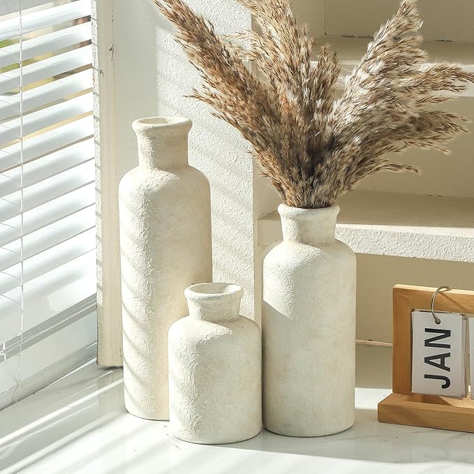 Ceramic Vases Set of 3, Whitewashed Neutral Flower Vases Home Decor, Pottery Rustic Farmhouse Decorative Vases Modern Decor for Table Mantel Entryway Bookshelf Living Room Kitchen Bedroom-Ruum Studio Home