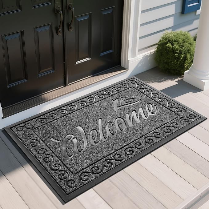 Yimobra Welcome Mat, Heavy Duty Sturdy Door Mats for Home Entrance Outdoor Indoor, Front Doormat for Outside Patio Floor Entry Porch Garage Office, Waterproof, Low Profile, 47X32 Inches, Black Grey-Ruum Studio Home