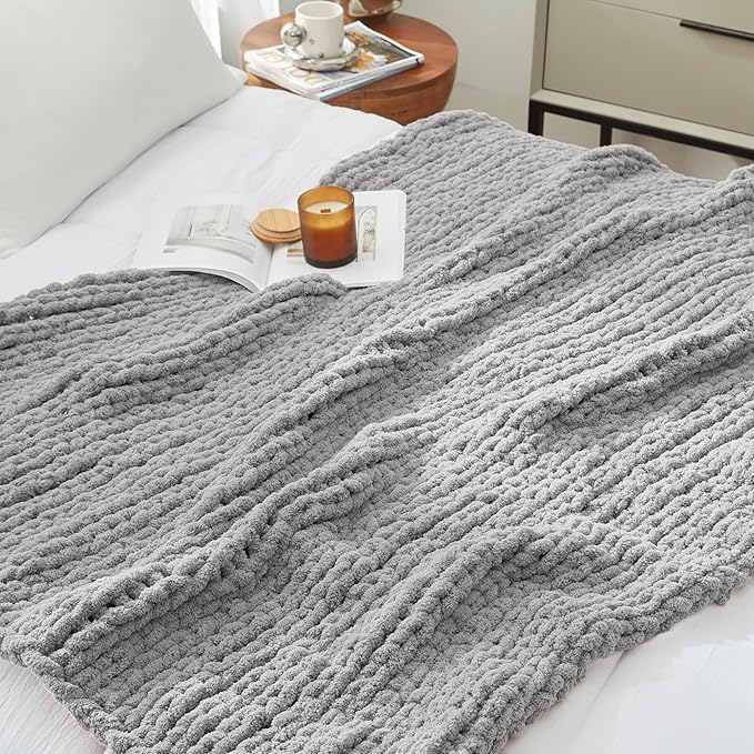 Amélie Home Chunky Knit Throw Blanket for Couch, Soft Chenille Crochet Blanket for Children, 40"x50", Light Grey-Ruum Studio Home