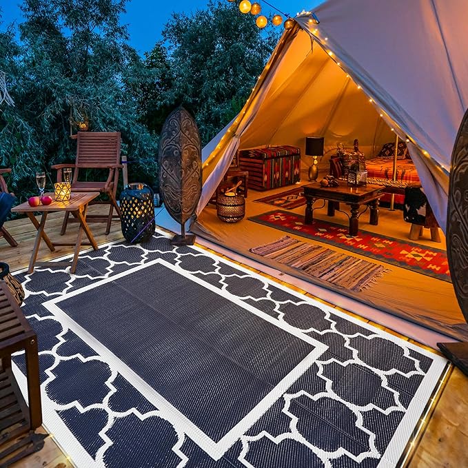 GENIMO 6' x 9' Outdoor Rug Waterproof for Patio Decor, Foldable Reversible Plastic Straw Area Rugs Mat with String Light, Led Carpet for Camper, Rv, Deck, Porch, Picnic, Beach, Balcony, Blue & White-Ruum Studio Home