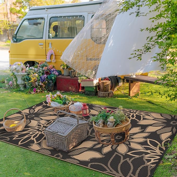 GENIMO Outdoor Rug Waterproof for Patio Decor, 9' x 12' Reversible Plastic Straw Floral Camping Carpet, Large Area Rugs Mats for RV, Camper, Deck, Balcony, Porch, Beach, Picnic, Black & Brown-Ruum Studio Home