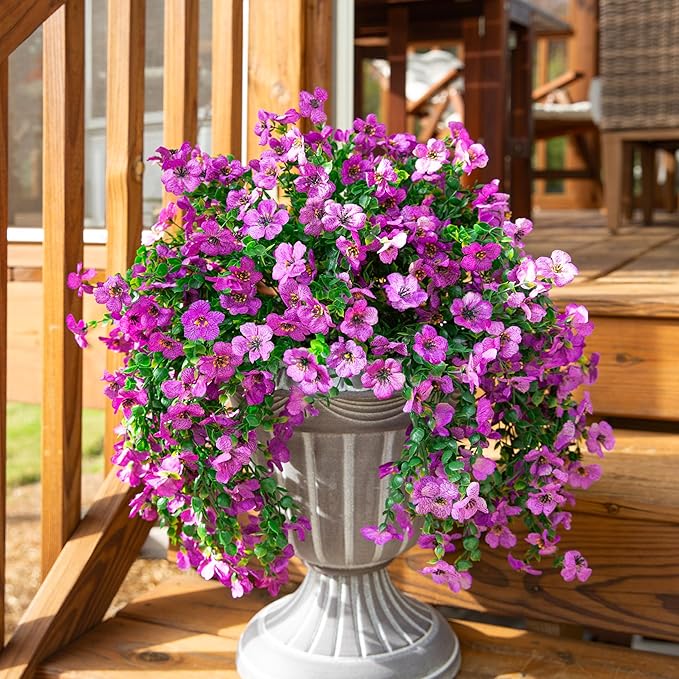 Artificial Faux Hanging Flowers Plants for Outdoor Decor, 2 PCS Outside Fake Silk Violets with Eucalyptus UV Resistant Realistic Daisy Trailing Vines for Planter Front Door Balcony Patio Yard, Purple-Ruum Studio Home