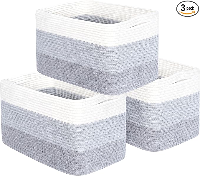 MINTWOOD Design 3-Pack Storage Baskets for Shelves, Playroom and Classroom, Book Basket, Decorative Storage Cube Bins, Woven Closet Organizers, Pantry and Shoe Organizer, 3-Tone Grey-Ruum Studio Home