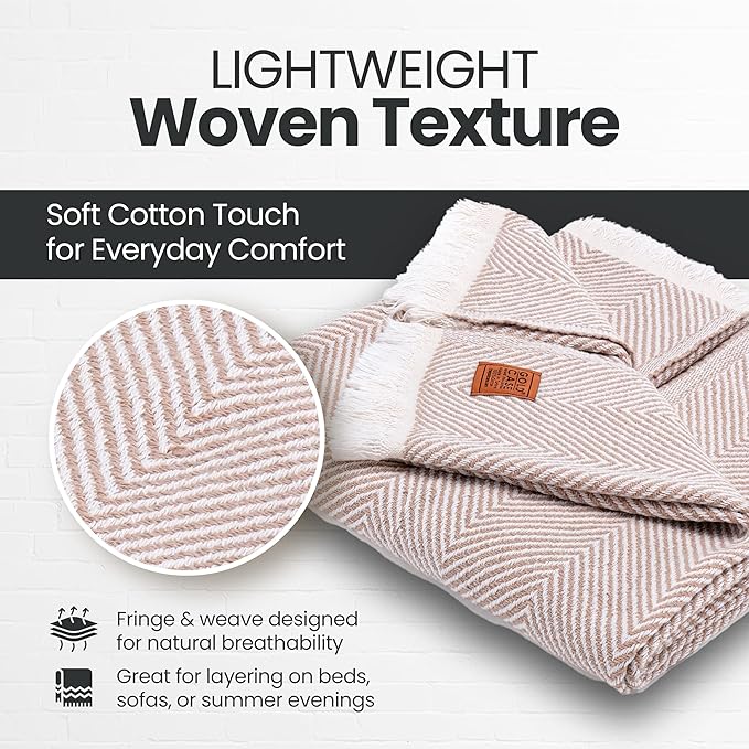 Gold Case Throw Blanket for Couch – 100% Recycled Turkish Cotton Blankets & Throws – Elegant Decorative Throw Blankets for Living Room Sofa – Woven Throws for Couch – Elegant Beige – 50x60-Ruum Studio Home