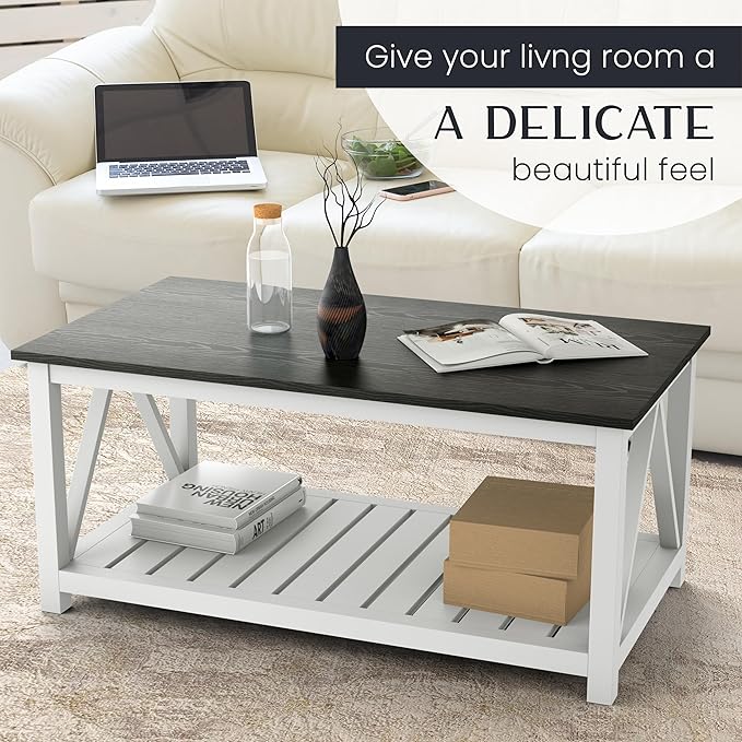 40" Farmhouse Coffee Table | Vintage Rustic Wooden Coffee Table with Lower Shelf for Living Room, Dorm, Office, Bedroom Center Table - Black-Ruum Studio Home