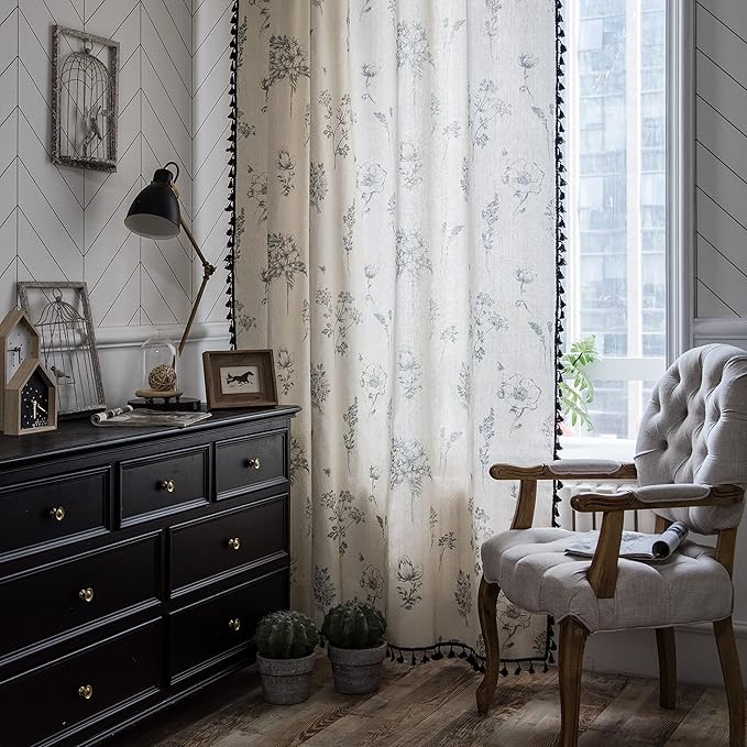 Sutuo Home Boho Curtain with Handmade Tassels, Rod Pocket Window Treatment Vintage Rustic Bohemian French Farmhouse Semi-Blackout Print Drape for Bedroom, 1 Panel 59" W x 84" L,Grey Floral-Ruum Studio Home