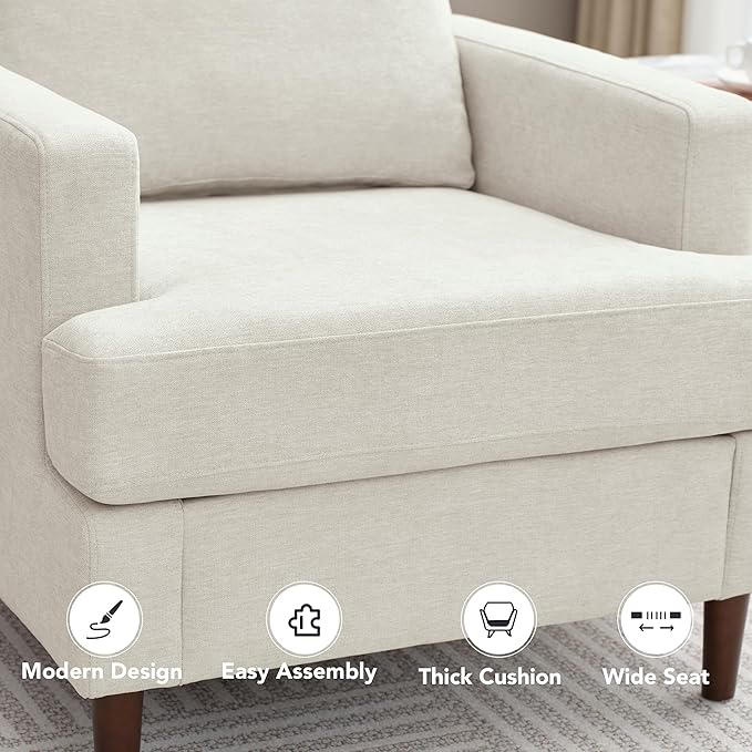 Mid-Century Accent Chair,Modern Linen Fabric Armchair for Living Room,Comfy Upholstered Reading Accent Chairs for Bedroom,Single Sofa Chair with Wood Legs (Beige, 1 Pack)-Ruum Studio Home