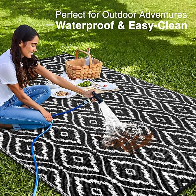 OLANLY Outdoor Rug 6x9 ft Waterproof, Outdoor Plastic Straw Rug with Geometric Pattern Clearance, Reversible RV Mat for Patio, Camping, Balcony, Deck, Backyard, Black & White-Ruum Studio Home