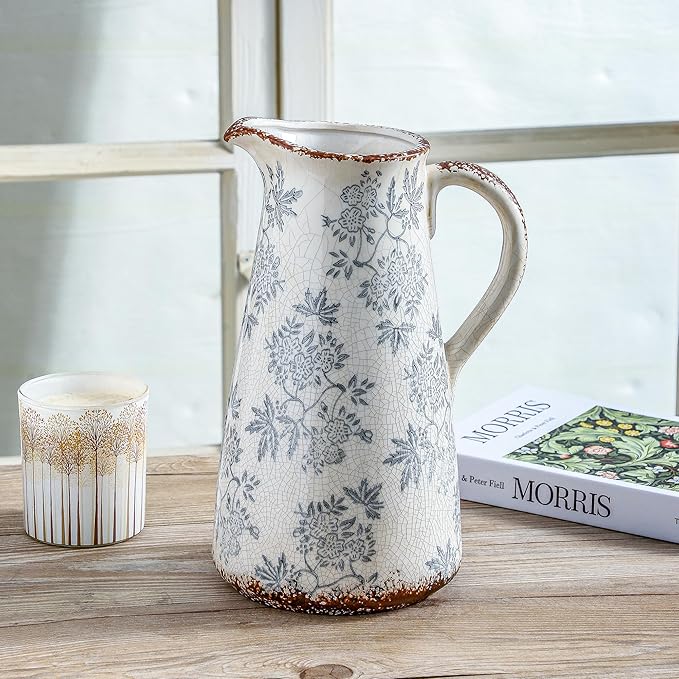 Enra Blue and White vase with Handle,12.2 inch Ceramic Vintage Decorative Flower Pitcher vase, Chinoiserie Floral Vase,Large Rustic Vases for Home Decors, Living Room, Bookshelf, Office-Ruum Studio Home