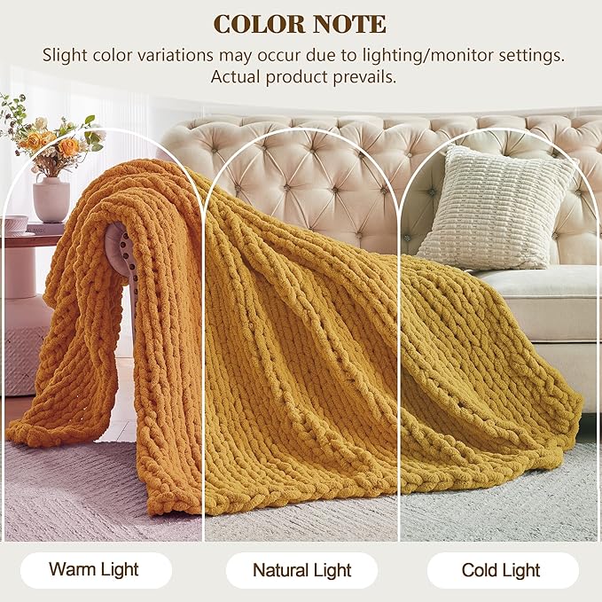 Carriediosa Chunky Knit Throw Blanket 60" X 80" Twin, 100% Hand Made Large Chenille Loop Yarn Soft Fluffy Throws for Couch Sofa Bed, Big Crochet Cozy Heavy Thick Cable Woven Blanket, Yellow-Ruum Studio Home