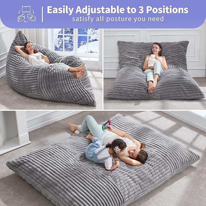 Hobestluk 3 in 1 Bean Bag Chair Giant Bean Bag Chairs Convertible Bean Bag Floor Cushion with Machine Washable Cover, Beanbag Chairs for Adult (Grey)-Ruum Studio Home