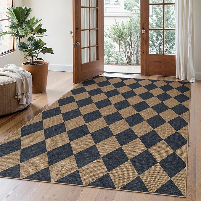 Lahome Checkered Easy Jute Washable Rug, 5x7 Area Rugs for Living Room Nature Large Dining Room Carpet, Farmhouse Geometric Non Slip Indoor Outdoor Carpet for Home Office Bedroom Backyard Patio-Ruum Studio Home