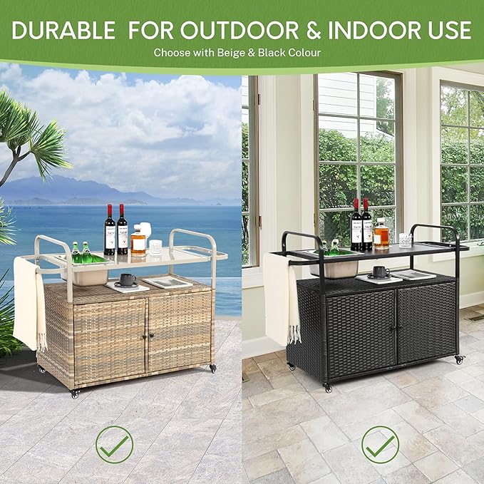 Wicker Outdoor Bar Cart with Ice Bucket, Patio Bar Table with 2 Ratten Doors Cabinet and Casters for Grill, Kitchen and Garden,Beige-Ruum Studio Home