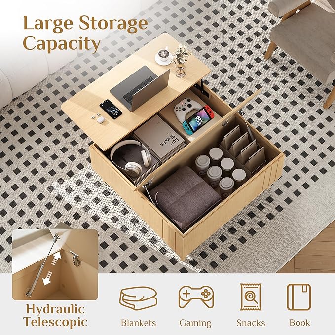 Lift Top Coffee Table with Storage,36" Large Square Coffee Tables for Living Room,Mid Century Modern Center Table for Home Office, Oak-Ruum Studio Home