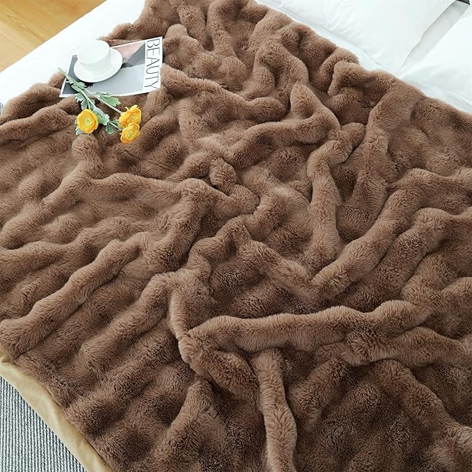 RYNGHIPY Faux Rabbit Fur Throw Blanket Ruched Plush Fuzzy Blanket for Couch Bed Sofa Heavy Warm Comfy Throws for Living Room Bedroom Machine Washable (Solid Brown, 63''x79'')-Ruum Studio Home