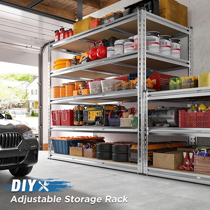 REIBII Garage Shelving, 5 Tier Storage Shelves Load 3020LBS, Adjustable Garage Shelving Heavy Duty, Metal Shelves Unit for Basement, Warehouse, 48" W x 72" H x 24" D, Galvanized-Ruum Studio Home