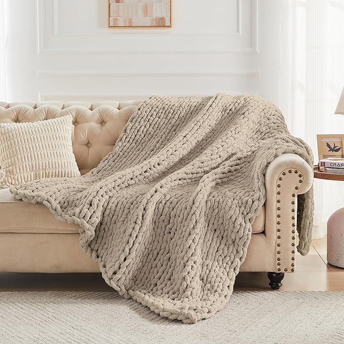 Carriediosa Chunky Knit Throw Blanket 60" X 80" Twin, 100% Hand Made Large Chenille Loop Yarn Soft Fluffy Throws for Couch Sofa Bed, Big Crochet Cozy Heavy Thick Cable Woven Blankets, Taupe-Ruum Studio Home
