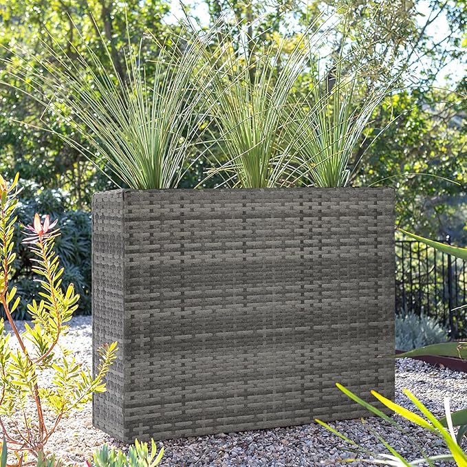 LEWIS&WAYNE Tall Planters for Outdoor Plants Handmade Wicker Large Rectangular Block Planter Box with Removable Liners Modern Planter for Indoor Outdoor Patio Deck - Gray-Ruum Studio Home