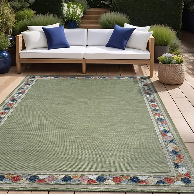 Beverly Rug Outdoor Rug 6x9 Modern Bordered Area Rugs for Indoor and Outdoor Patio Easy to Clean Non Shedding Living Room Porch Garden Washable Outside Carpet (6 x 9 Green)-Ruum Studio Home