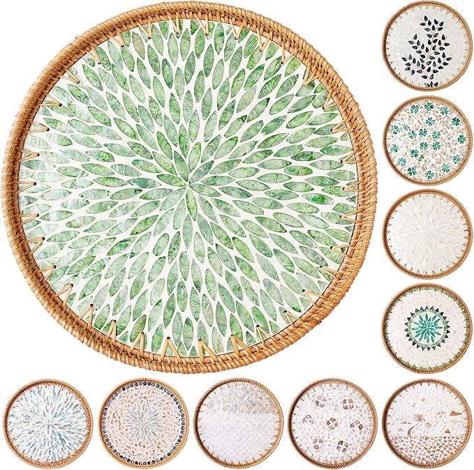 Round Rattan Tray with Mother of Pearl Inlay & Wooden Base - Decorative Wicker Serving Tray for Coffee/Bread/Fruits, Food Storage & Display - Multipurpose Home Decor (L,Green Leaves)-Ruum Studio Home