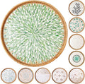 Round Rattan Tray with Mother of Pearl Inlay & Wooden Base - Decorative Wicker Serving Tray for Coffee/Bread/Fruits, Food Storage & Display - Multipurpose Home Decor (L,Green Leaves)-Ruum Studio Home
