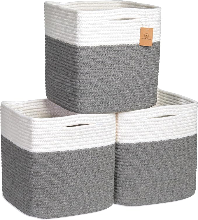 NaturalCozy Storage Cubes 11 Inch Cotton Rope Woven Baskets for Organizing, 3-Pack | Cube Storage Bin | Square Storage Baskets for Shelves Organizer, Classroom, Kids Toy Bins, Closet, Baby Nursery-Ruum Studio Home
