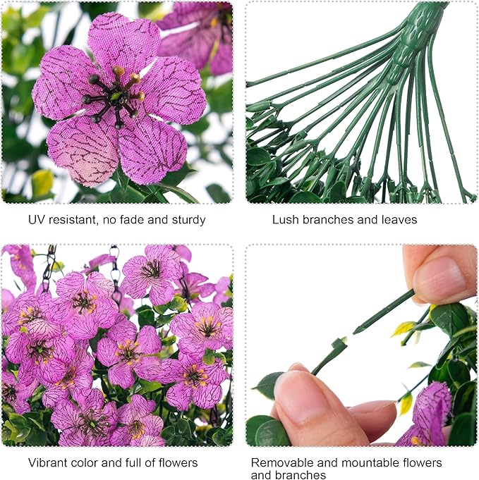 Artificial Faux Hanging Flowers Plants for Outdoor Decor, 2 PCS Outside Fake Silk Violets with Eucalyptus UV Resistant Realistic Daisy Trailing Vines for Planter Front Door Balcony Patio Yard, Purple-Ruum Studio Home