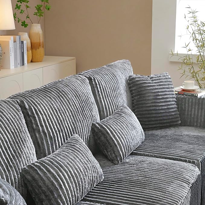 HYJT-H&K Modular Sectional Sofa Cloud Sectional Couch, 107" Comfy Fluffy L Shaped Dark Grey Couches for Living Room, Deep Seat Memory Foam Plush Corduroy Boneless Couch Sectionals Left Facing Chaise-Ruum Studio Home