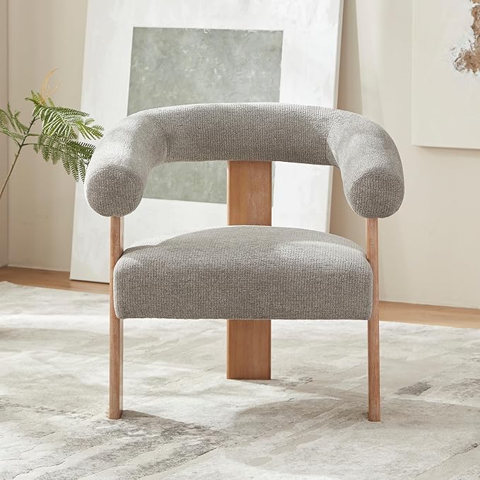 VKNOW Accent Chair Living Room Chair, Modern Upholstered Armchair with Solid Wood Legs, Comfy Barrel Arm Chairs for Living Room Bedroom, Light Grey-Ruum Studio Home