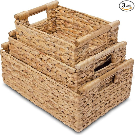 VATIMA Hyacinth Wicker Basket Set 3 size - Rectangular, Wooden Handles, Shelf Organizer, Natural Bins-Ruum Studio Home