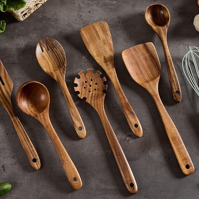 Wooden Kitchen Utensils Set, Teak Wood Cooking Spoons for Non-Stick Pans, 8 Pieces-Ruum Studio Home