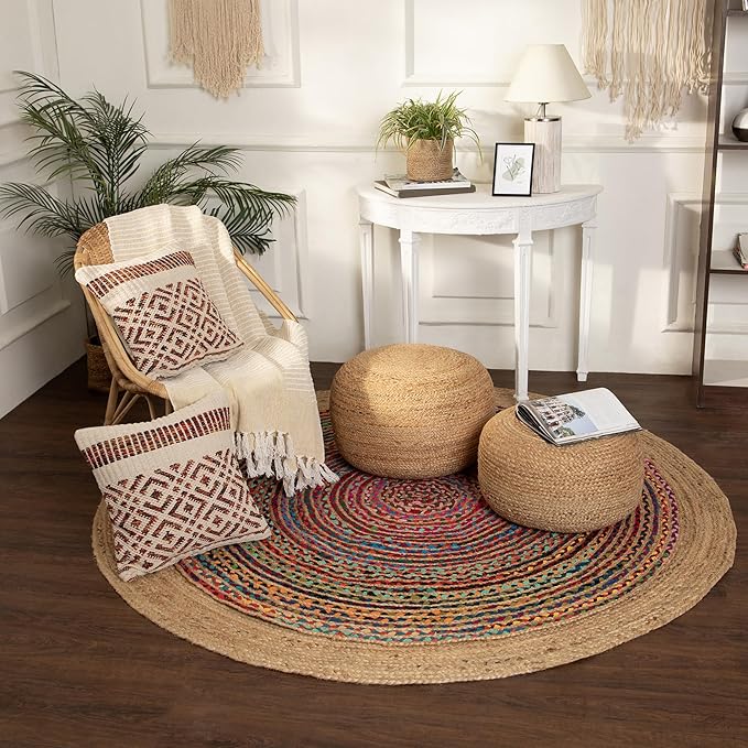REDEARTH · Jute Circular Jute Pouf Ottoman - Braided Pouffe Accent Sitting Round Footrest for Living Room, Bedroom, Nursery, kidsroom, Patio, Gym; 100% Jute (19.5"x19.5"x14"; Jute Natural)-Ruum Studio Home