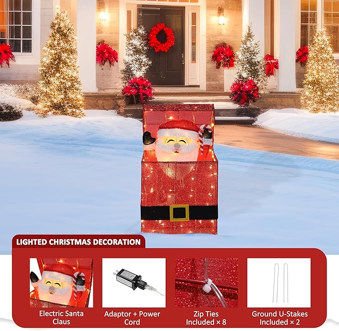 Light Up Electric Santa Claus Decor with 100 LED Lights, 3D Pre-Lit Animated Santa Claus for Xmas Decoration, 14.17" L x 10" W x 26.97" H Freestanding Glittered Display for Outdoor, Indoor-Ruum Studio Home