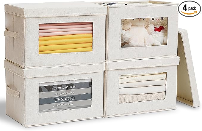 Citylife 4-Pack Storage Bins with Lids, Fabric Foldable Storage Bins with Soft Cord Handles, Cube Closet Storage Baskets with Lids, Organizers for Organizing Clothes and Books, Beige-Ruum Studio Home