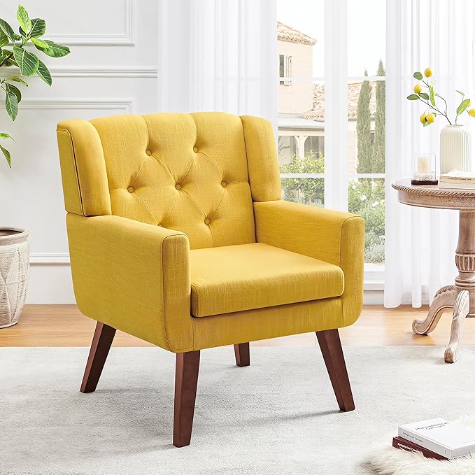 Accent Chairs Set of 2, Button-Tufted Upholstered Living Room Chairs Set of 2, Comfy Reading Chair Mid Century Modern Chairs with Linen Fabric Lounge Arm Chairs for Bedroom (Bright Yellow)-Ruum Studio Home