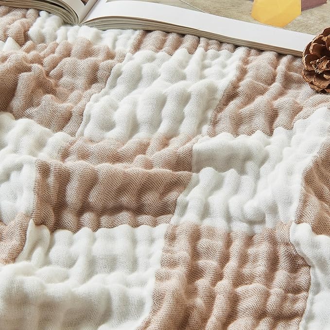 EMME Checkered Cotton Blanket Queen Size for Bed Soft Large Muslin Bed Blankets 80"x90" Lightweight Breathable Cooling All Season Gauze, Light Tan-Ruum Studio Home