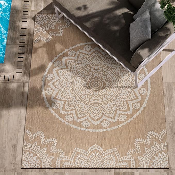 CAMILSON Outdoor Rug 9x12 Modern Area Rugs for Large Indoor and Outdoor Patios and Porches - Waterproof Washable Non-Shedding Easy-to-Clean Outside Carpet (9 x 12, Medallion - Beige/White)-Ruum Studio Home