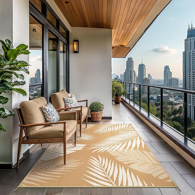 GENIMO Outdoor Rug 9' x 12' Waterproof for Patios Clearance, Reversible Outdoor Plastic Straw Camping Rug Carpet, Large Area Rugs Mats for RV, Camper, Deck, Balcony, Porch, Beach, Picnic, Brown&Beige-Ruum Studio Home