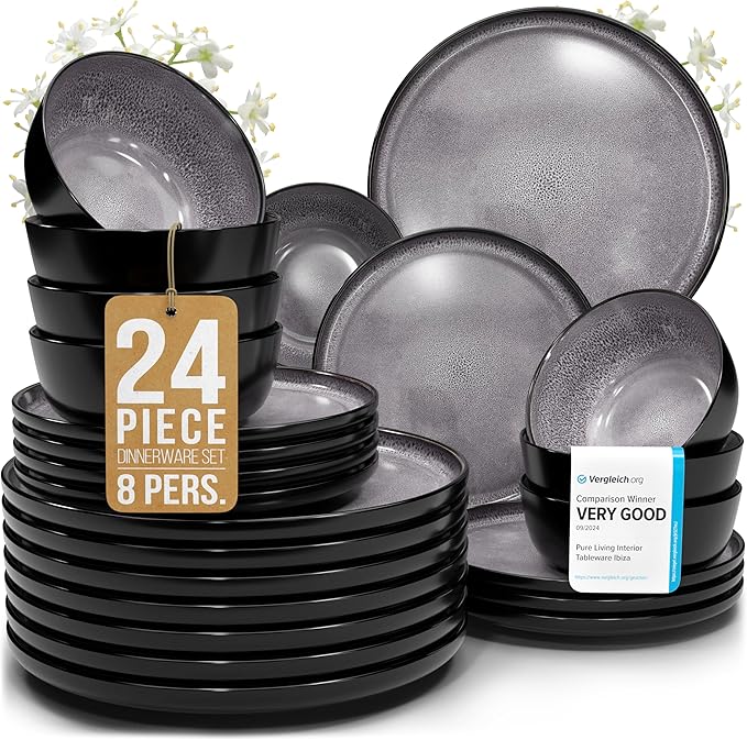 Stoneware dinnerware set 8 persons 24 pcs - Dishwasher, microwave and scratch resistant - Bowl and plate set 8 persons modern - Dinner service Pure Living black in gray…-Ruum Studio Home